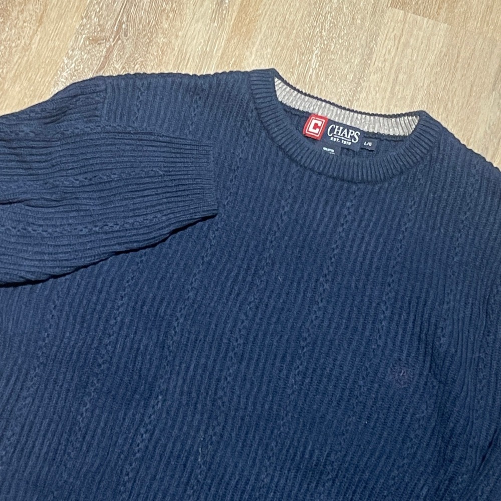 Chaps Mens Knit Sweater Navy Blue L G Cotton‎ Cable Knit Pullover Casual